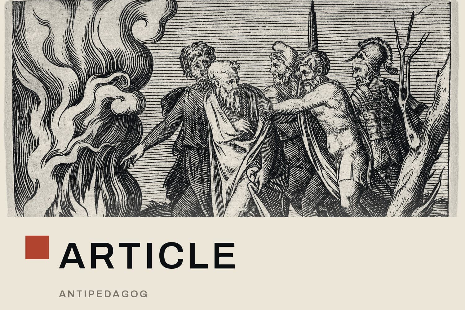 Gravure : A group of men at right pushing philosophers toward a fire with burning books at the left MET DP818654.jpg